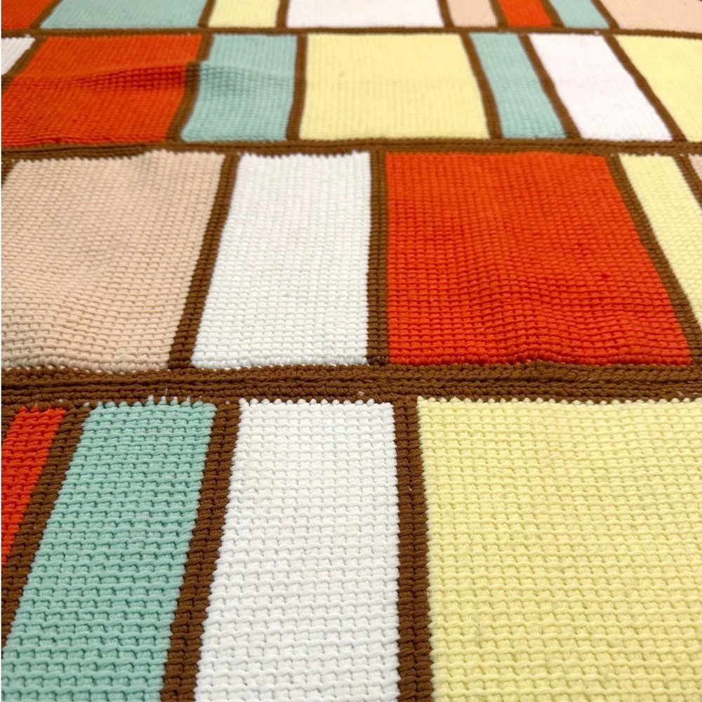 VTG MCM Mid-Century Square Crochet Afghan Blanket 54x63 Orange Geometric Retro‎